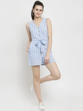 Women Blue Striped V-Neck Jumpsuit