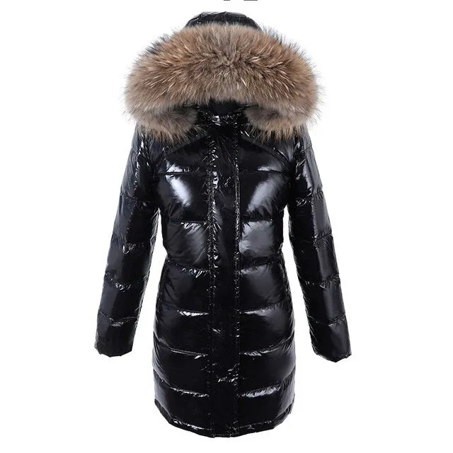 Women Real White Duck Down Lining Coat natural Raccoon Fur Collar