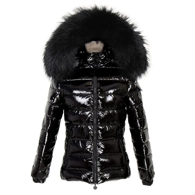 Women Real White Duck Down Lining Coat natural Raccoon Fur Collar