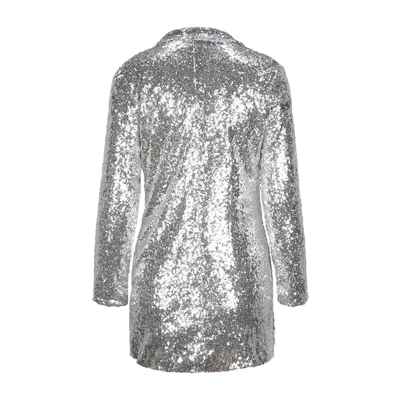 Women Silver Sequined Turn-down Collar Long Sleeve Cardigan Jacket