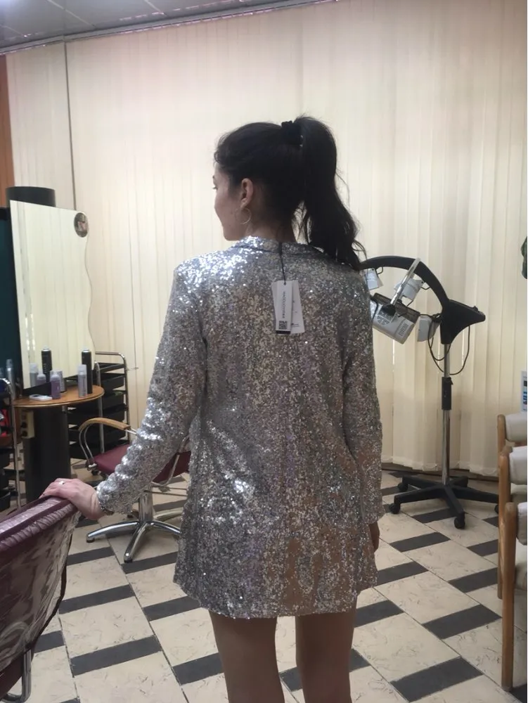 Women Silver Sequined Turn-down Collar Long Sleeve Cardigan Jacket