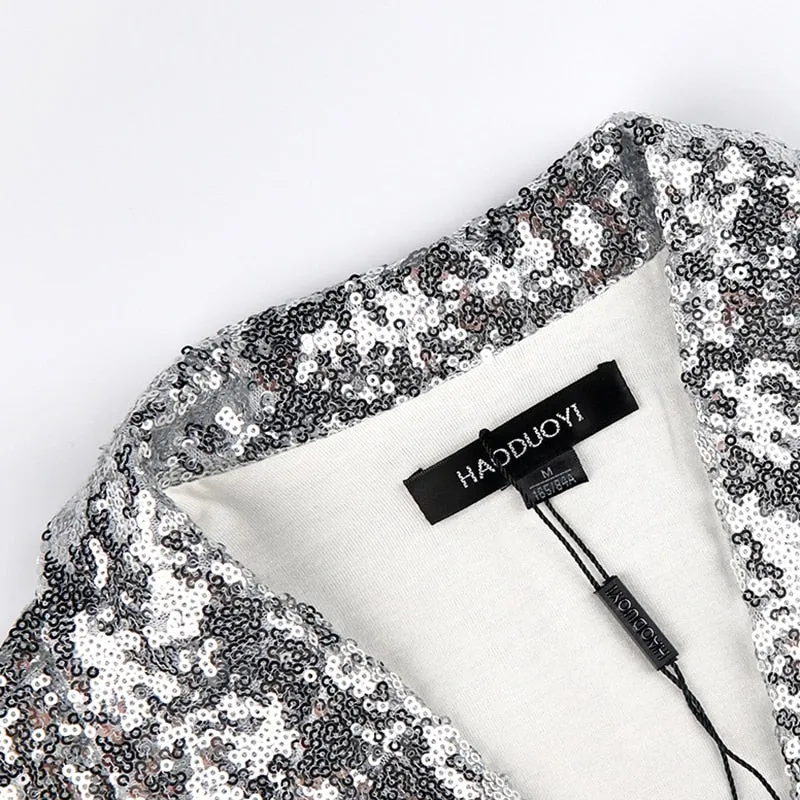 Women Silver Sequined Turn-down Collar Long Sleeve Cardigan Jacket