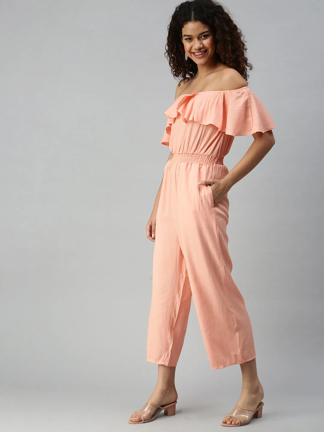 Women's Peach Solid Jumpsuit