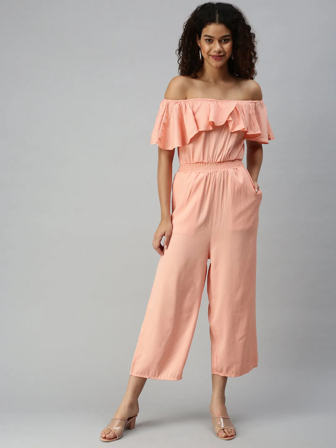 Women's Peach Solid Jumpsuit