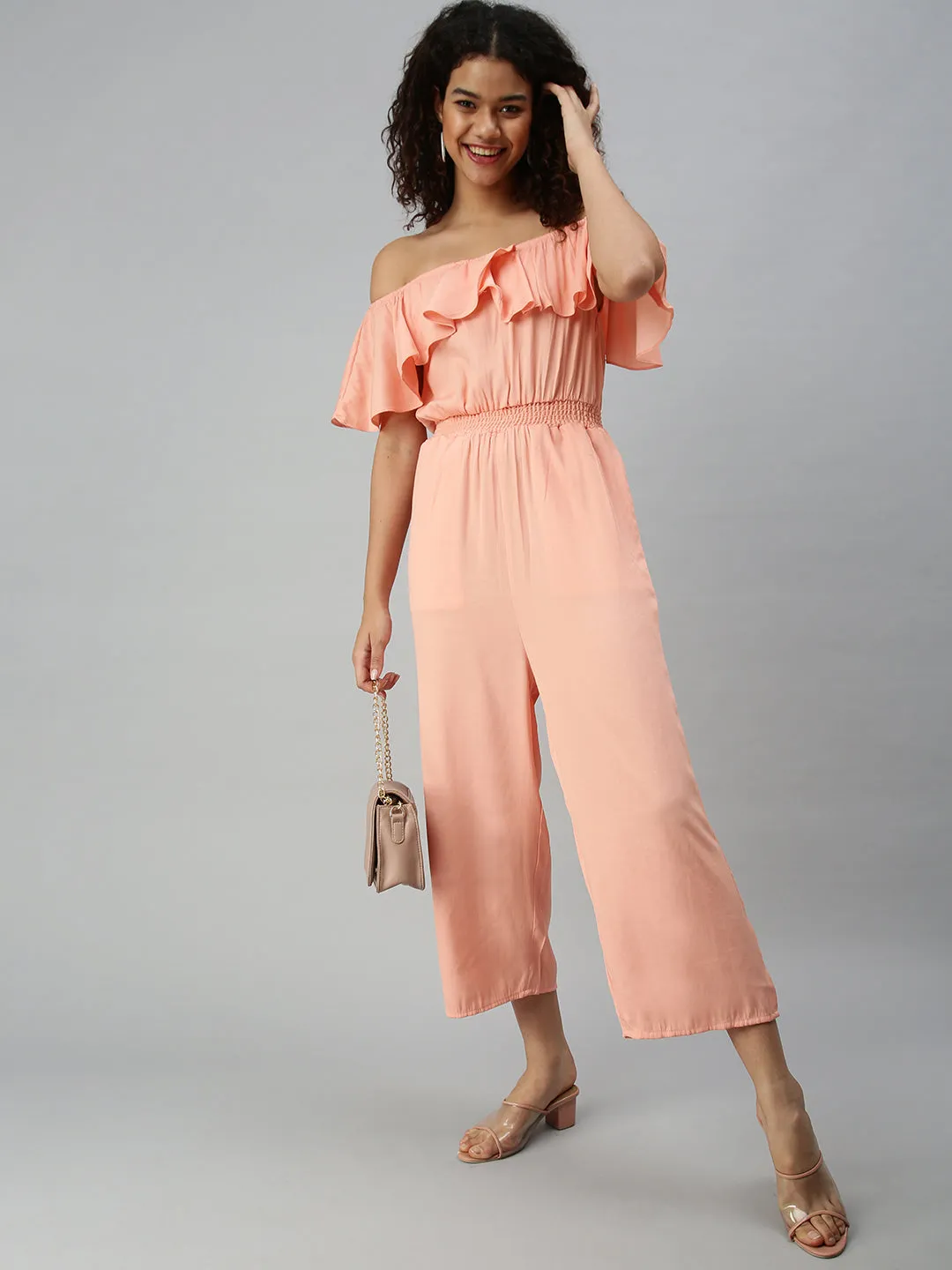 Women's Peach Solid Jumpsuit